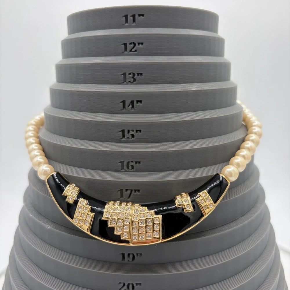 Vintage 1980s Faux Pearl Black‎ Enamel Rhinestone Statement Necklace Spring